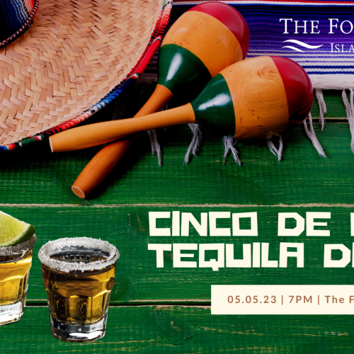 A Cinco de Mayo event poster with a sombrero, maracas, tequila shots, and details of a tequila dinner at The Four Seasons on May 5th at 7 PM.