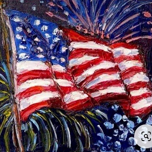 The image shows a colorful painting of American flags waving, with fireworks and festive decorations in the background.