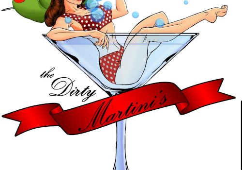 A woman in a red polka dot dress lounges in a martini glass with olives, with text 