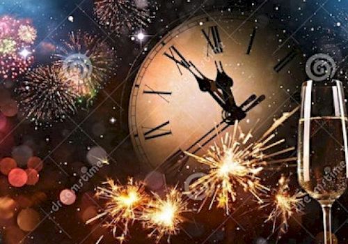 A New Year's celebration with fireworks, sparklers, two champagne glasses, and a clock showing midnight in the background.