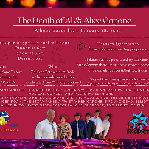 A flyer for a murder mystery dinner show titled "The Death of Al & Alice Capone" on January 18, 2023, with details and ticket info.