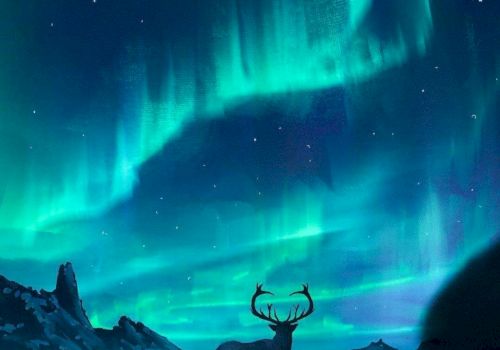 This image shows a deer standing in a mountainous landscape under a vibrant display of the Northern Lights in a starry night sky.