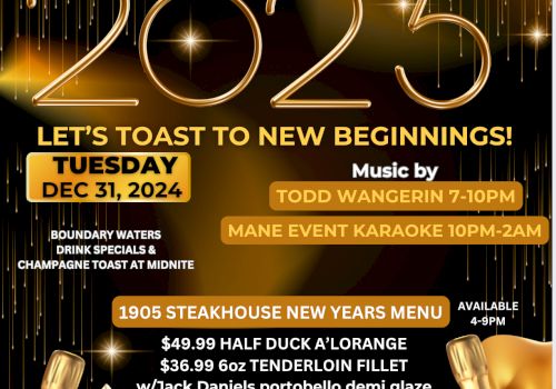 It's a New Year’s Eve event poster for The Four Seasons Island Resort, featuring dinner options, live music, and karaoke on December 31, 2024.