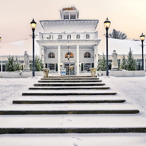 Snowy steps lead to a grand, white building with columns and lamps. Tall trees and ornate planters frame the path, creating a serene scene.