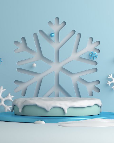 The image features a winter-themed scene with a large snowflake, small trees, and snow-covered decorations in a cool blue background.