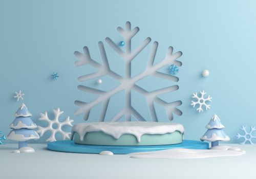 The image features a winter-themed scene with a large snowflake, small trees, and snow-covered decorations in a cool blue background.