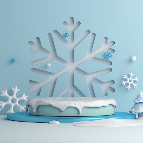 The image features a winter-themed scene with a large snowflake, small trees, and snow-covered decorations in a cool blue background.