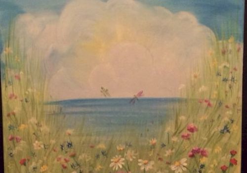 The image shows a painting of a field with wildflowers, tall grass, and a horizon with fluffy clouds under a blue sky in the background.