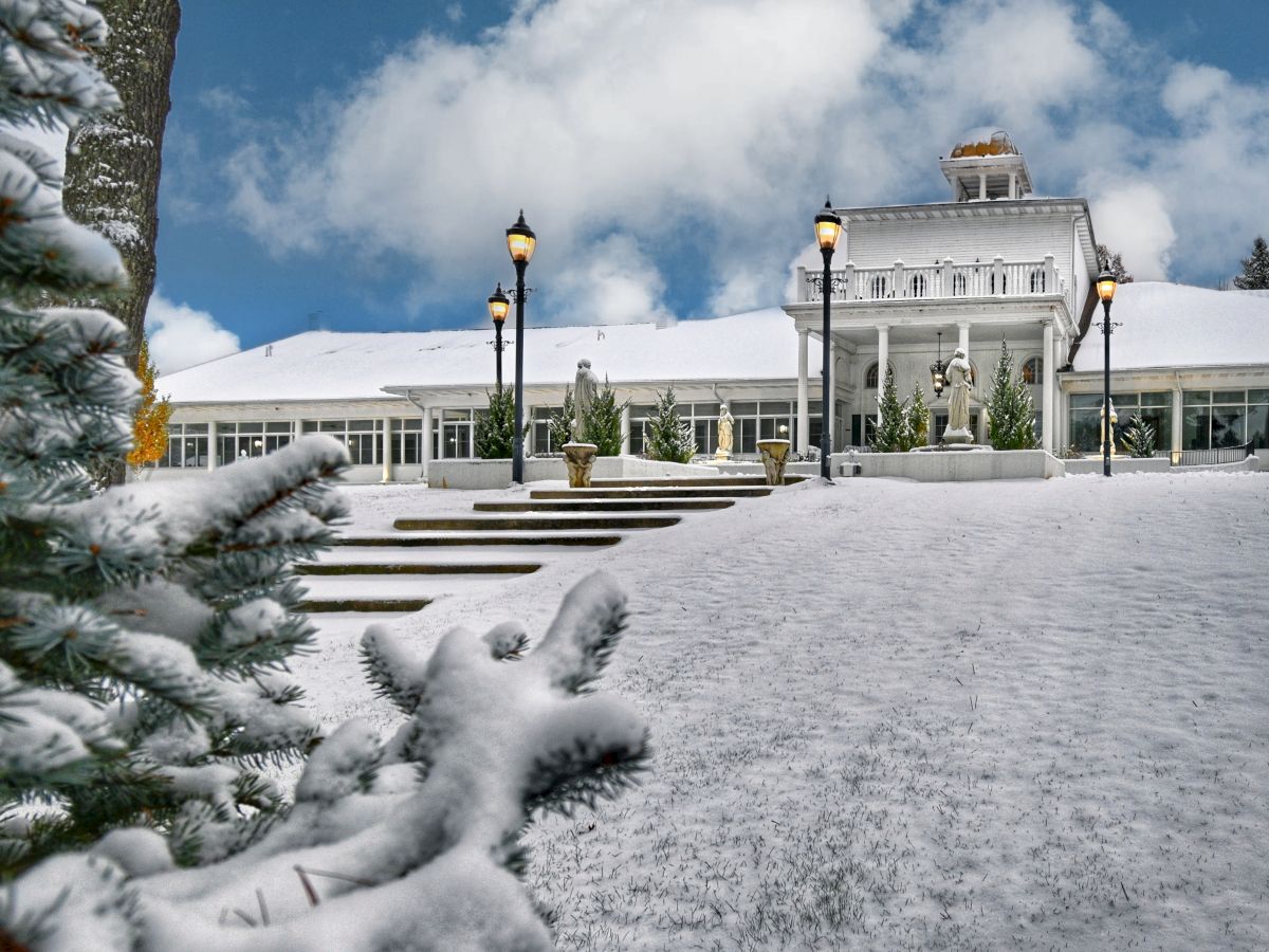 A snowy landscape shows a building with statues and street lamps, with evergreen branches in the foreground.