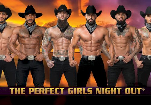 Seven shirtless men in cowboy hats and bandanas pose against a sunset backdrop. Text reads 