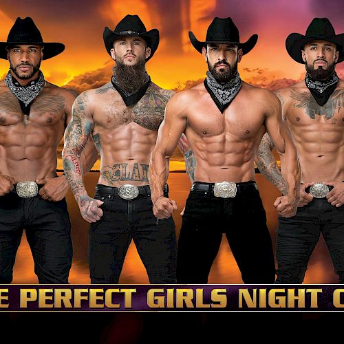 Seven shirtless men in cowboy hats and bandanas pose against a sunset backdrop. Text reads 