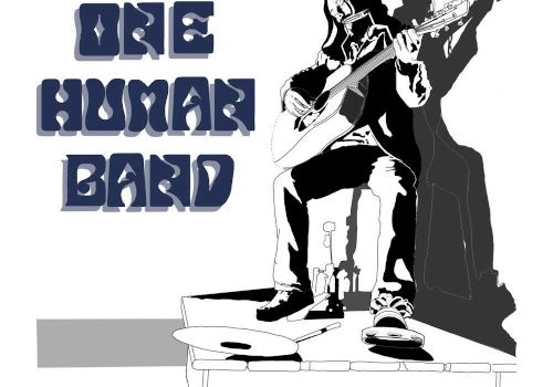 The image shows an illustrated person playing a guitar, with the text "One Human Band" in stylized letters next to them.