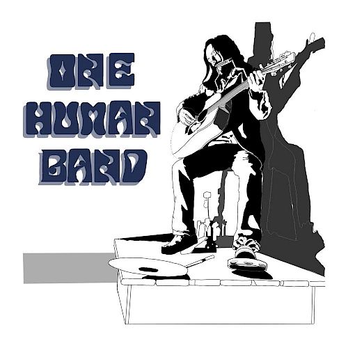 The image shows an illustrated person playing a guitar, with the text "One Human Band" in stylized letters next to them.