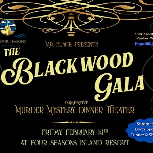 The image is a flyer for the Blackwood Gala, an immersive murder mystery dinner theater on Friday, February 14th.