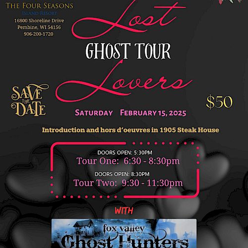 Promotional image for "Lost Lovers Ghost Tour" event on February 15, 2025, with tours, food, and special guests. Entrance fee is $50.