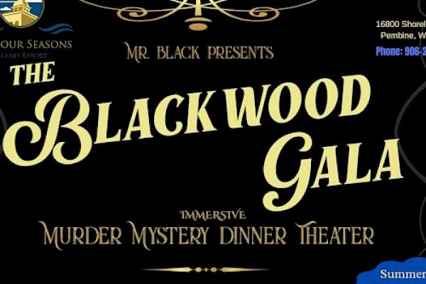 The image is a promotional poster for "The Blackwood Gala," a murder mystery dinner theater at Four Seasons Island Resort on February 14th.